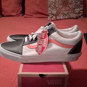 Vans Black and White Sneakers with Pink Detail